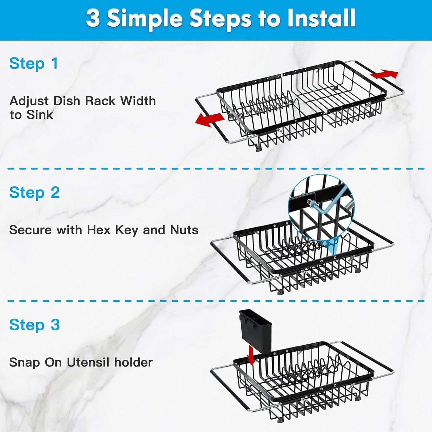JASIWAY Dish Drying Rack in Sink, Expandable Stainless Steel Dish Drainers for Kitchen Counter, Dish Dryer Rack for Inside Sink, Over The Sink Dish Racks with Utensil Holder, Silver