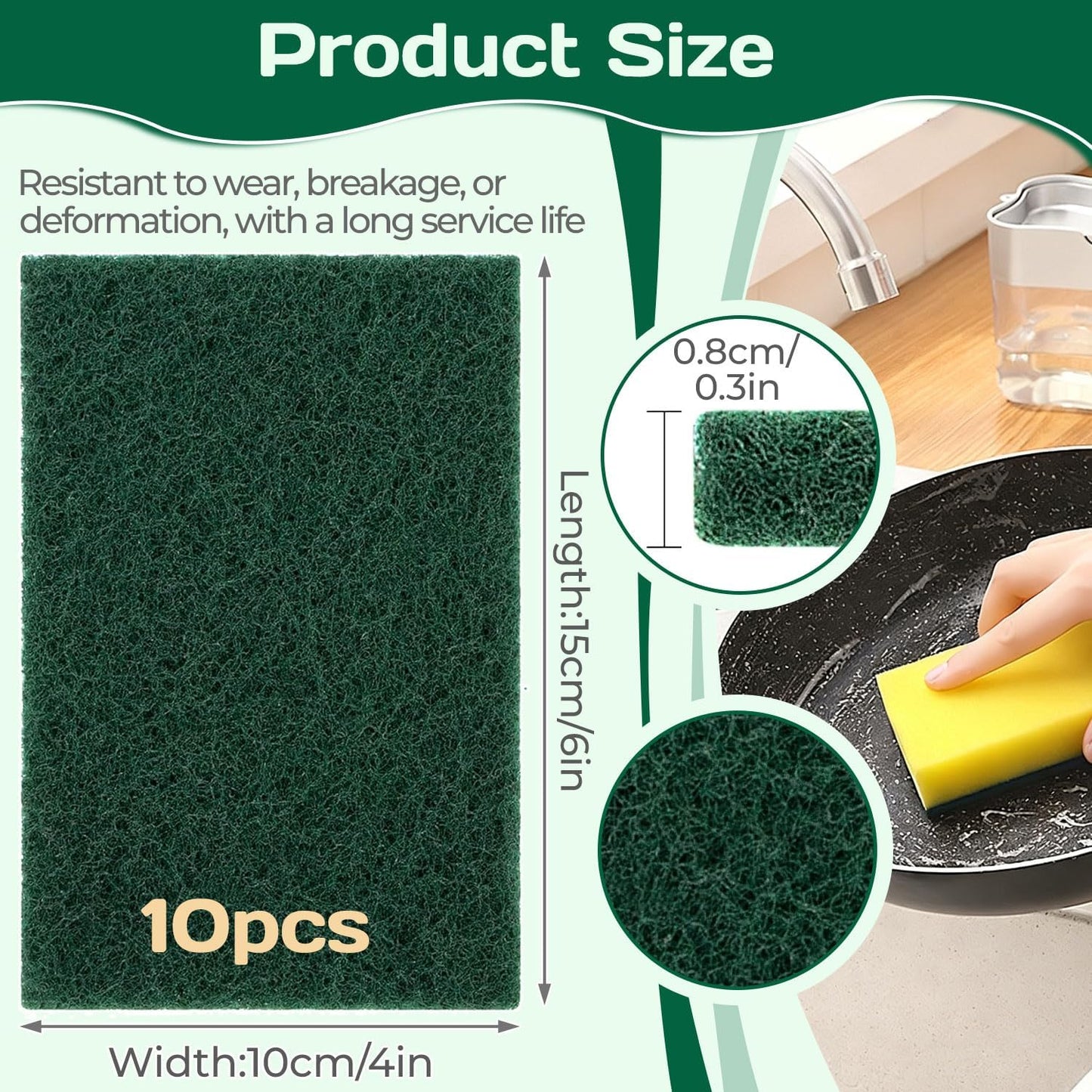 Heavy Duty Scouring Pad 10Pcs Scouring Pads Green Scrubbing Pads for Heavy Duty Cleaning Scrubbing Pads for Kitchen Bathroom Household Cleaning Dish Scrubber Scrubbing Sponges