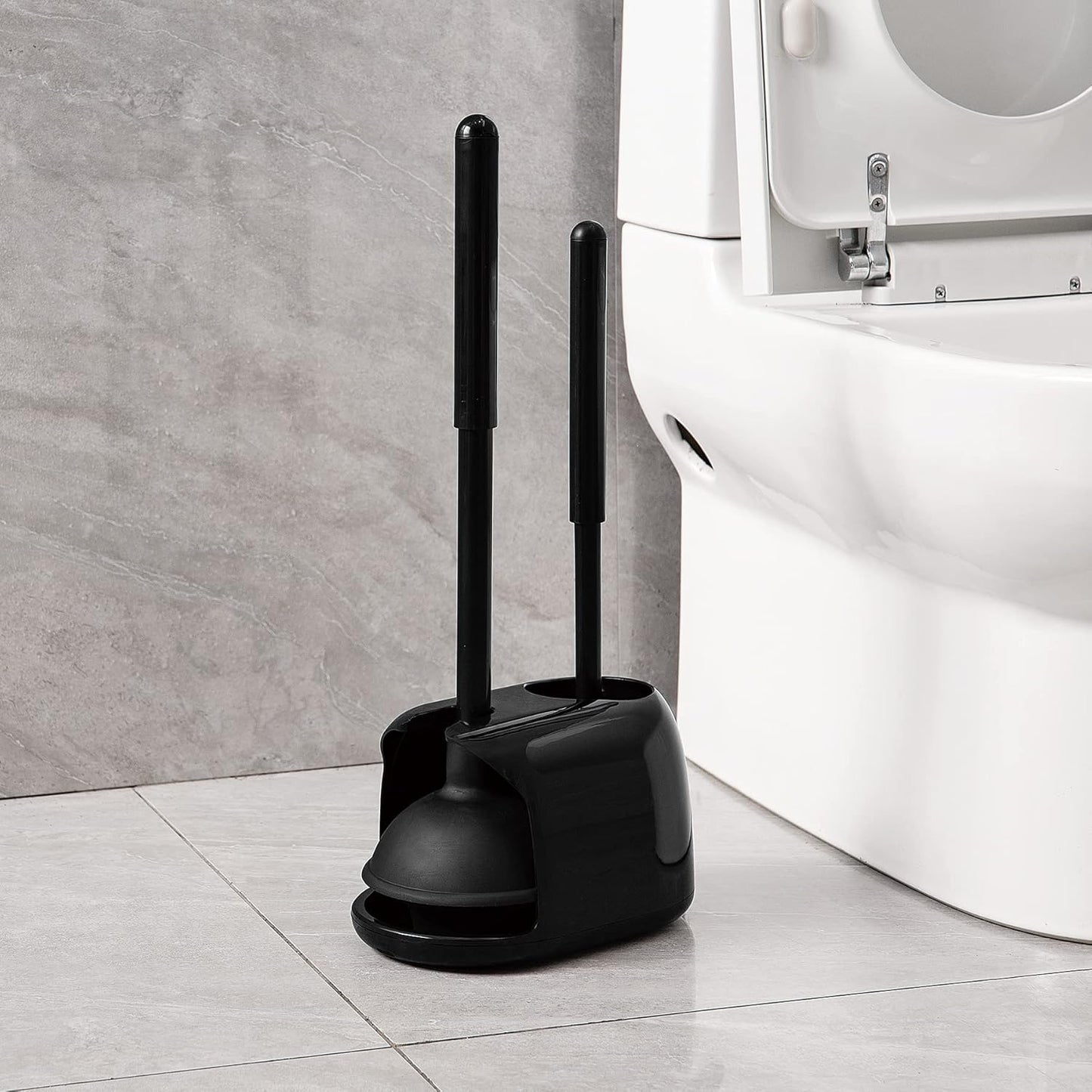 Eyliden Toilet Plunger and Brush Set | 2-in-1 Bathroom Cleaning Tools with Holder | Unclogs Toilets, Deep Cleans Bowls | Compact Caddy Stand | Nylon Bristles, Durable Plastic, Black