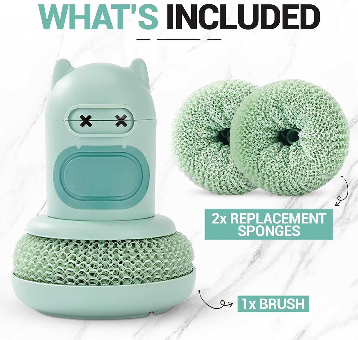 Dish Scrubber with Soap Dispenser, 2 Replaceable Sponges Included, Refillable Push-Button Handheld Sponge Scrubber, Palm Grip Kitchen Sink Cleaner for Dishes, Pots, Pans & Nonstick