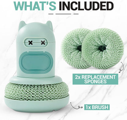 Dish Scrubber with Soap Dispenser, 2 Replaceable Sponges Included, Refillable Push-Button Handheld Sponge Scrubber, Palm Grip Kitchen Sink Cleaner for Dishes, Pots, Pans & Nonstick