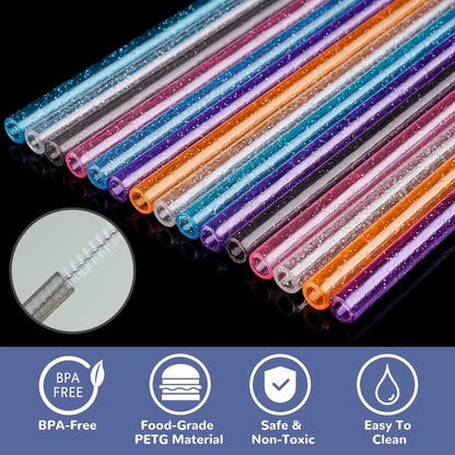 NiHome 12-Pack Glitter Replacement Straws for Stanley Tumbler 40OZ & 2 Cleaning Brushes Set, 12" Length BPA-Free Durable PETG Material for Various Beverages & Cups, Adds Sparkle to Your Drinks (Clear)