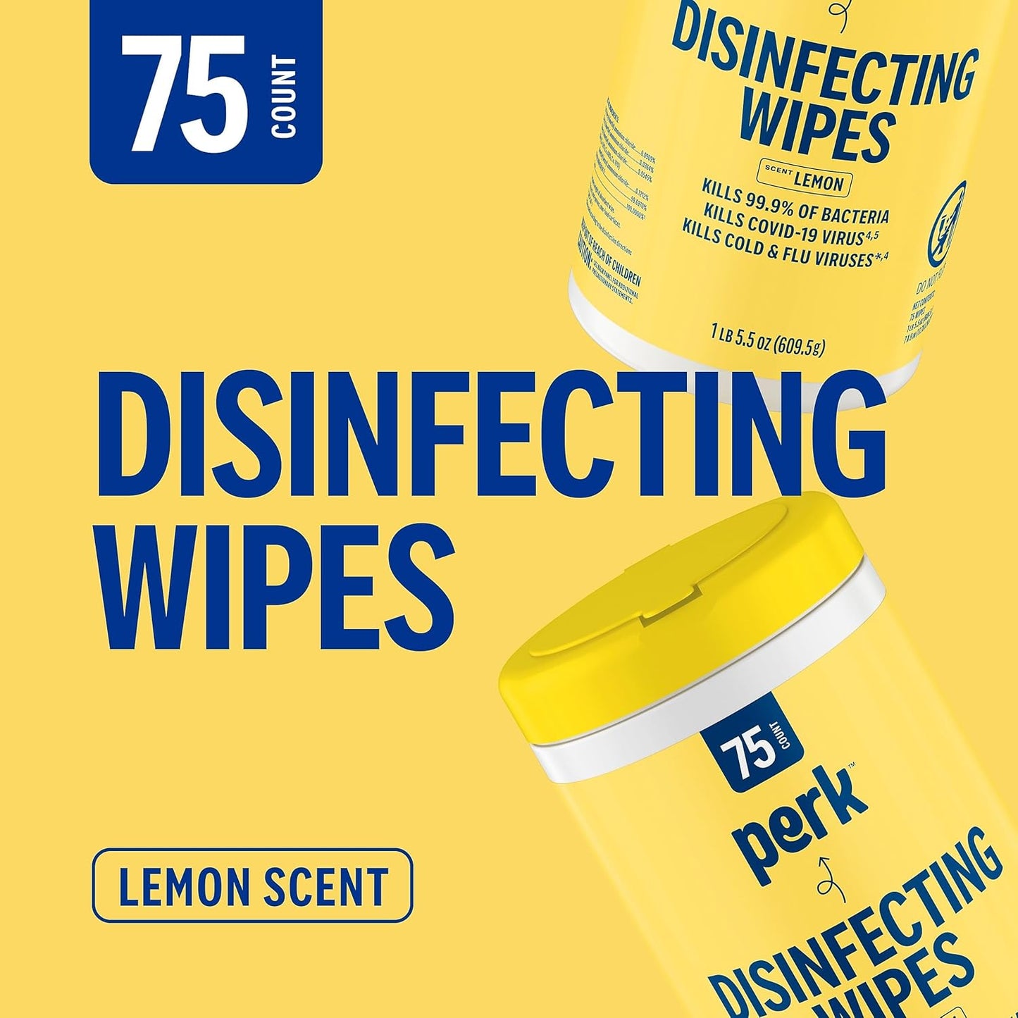Perk Disinfecting Wipes, Lemon Scent, 75 Wipes/Canister — Multi‑Surface Cleaning Wipes for Home, Office & Classroom
