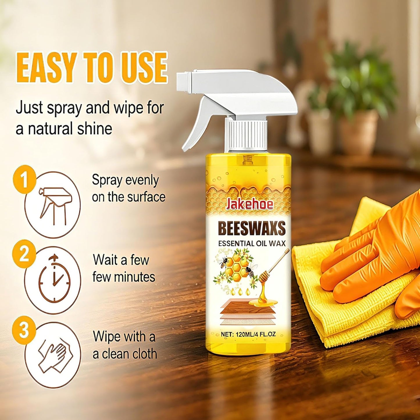 Beeswax Wood Polish for Dull Furniture Care, Non-greasy Wood Cleaner & Shine Enhancer, Easy Spray & Wipe for Cabinets, Tables & Finished Wood Surfaces (1 pcs)