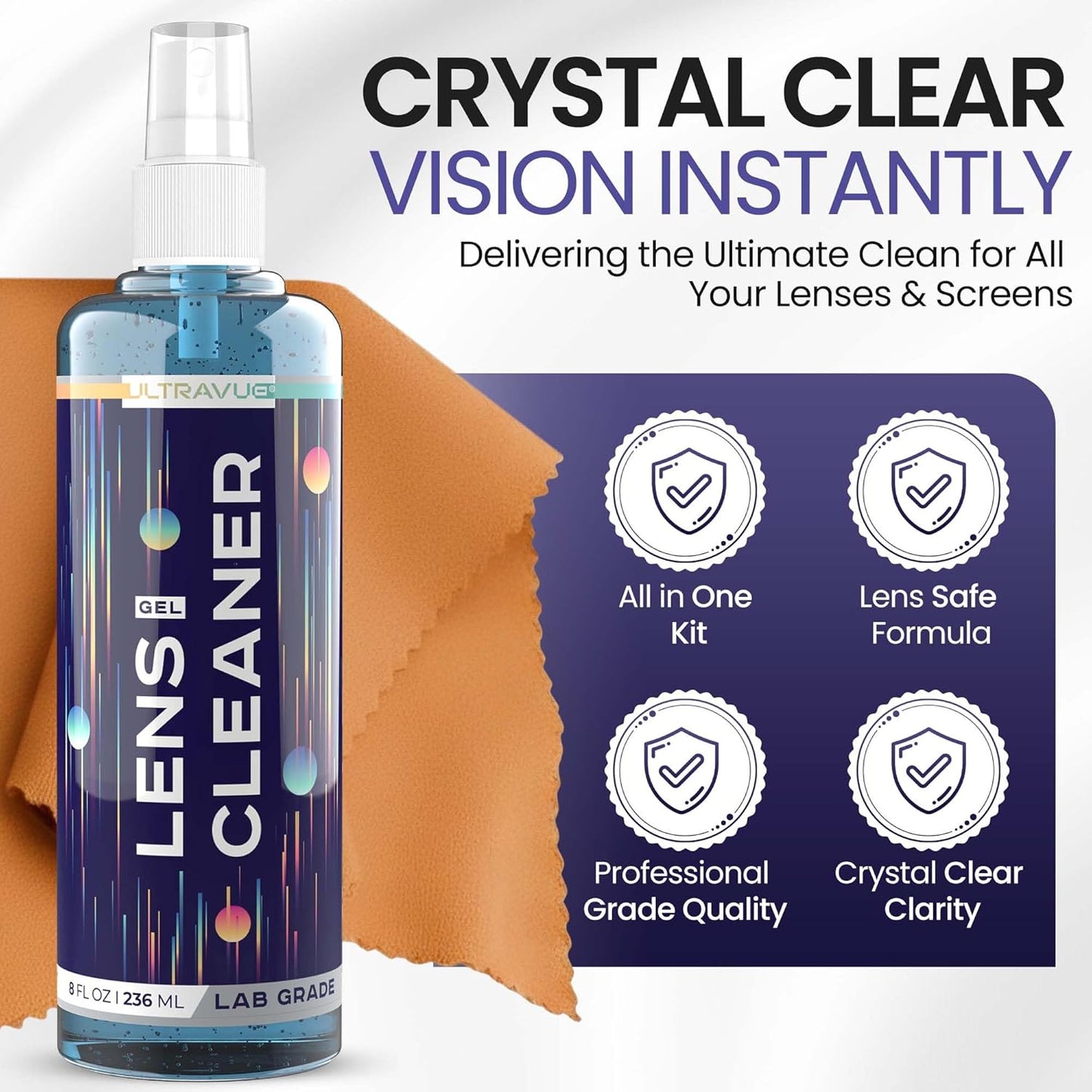 Eyeglass Gel Lens Cleaner Spray Kit - 3 x 2oz Gel Eyeglasses Cleaner Spray Bottle + 2 Microfiber Cloth for Cleaning - Safe for All Lenses (AR Coated Included), Eyeglasses and Screens
