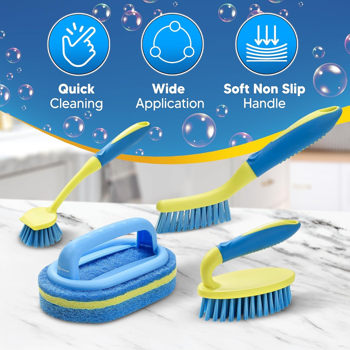 KOKSI Cleaning Brush for Bathroom Kitchen Bathtub Toilet Cleaner All Purpose Shower Sponge Scrubbing Brush with Ergonomic Handle