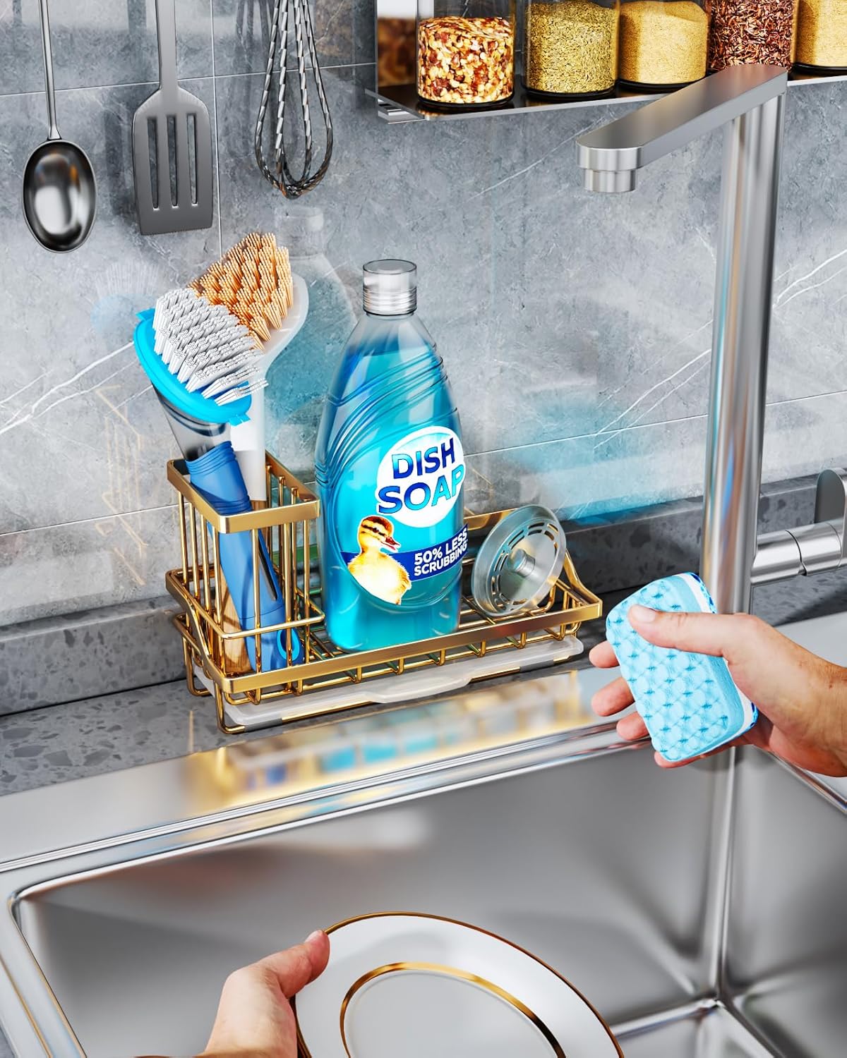 Consumest Sink Caddy, Kitchen Sponge Holder with Dish Brush Holder, Kitchen Organizer with Drip Tray for Countertop, Stainless Steel Rustproof - Silver