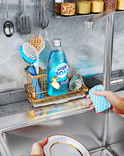 Consumest Sink Caddy, Kitchen Sponge Holder with Dish Brush Holder, Kitchen Organizer with Drip Tray for Countertop, Stainless Steel Rustproof - Silver