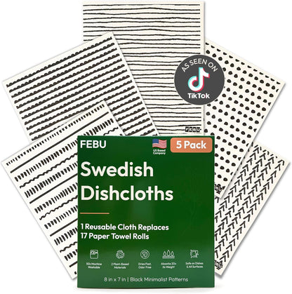 FEBU Swedish Dishcloths for Kitchen | 5 Pack Watercolor Reusable Paper Towels Washable | Swedish Dish Towels | Non-Scratch Cellulose Sponge Cloths | No Odor, Biodegradable Cleaning Cloths