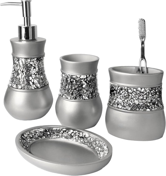 Creative Scents Crackled Glass Toilet Brush with Holder - Silver Toilet Bowl Cleaner Brush and Holder - Good Grip, Deep Cleaning, Decorative Design Compact Toilet Bowl Scrubber