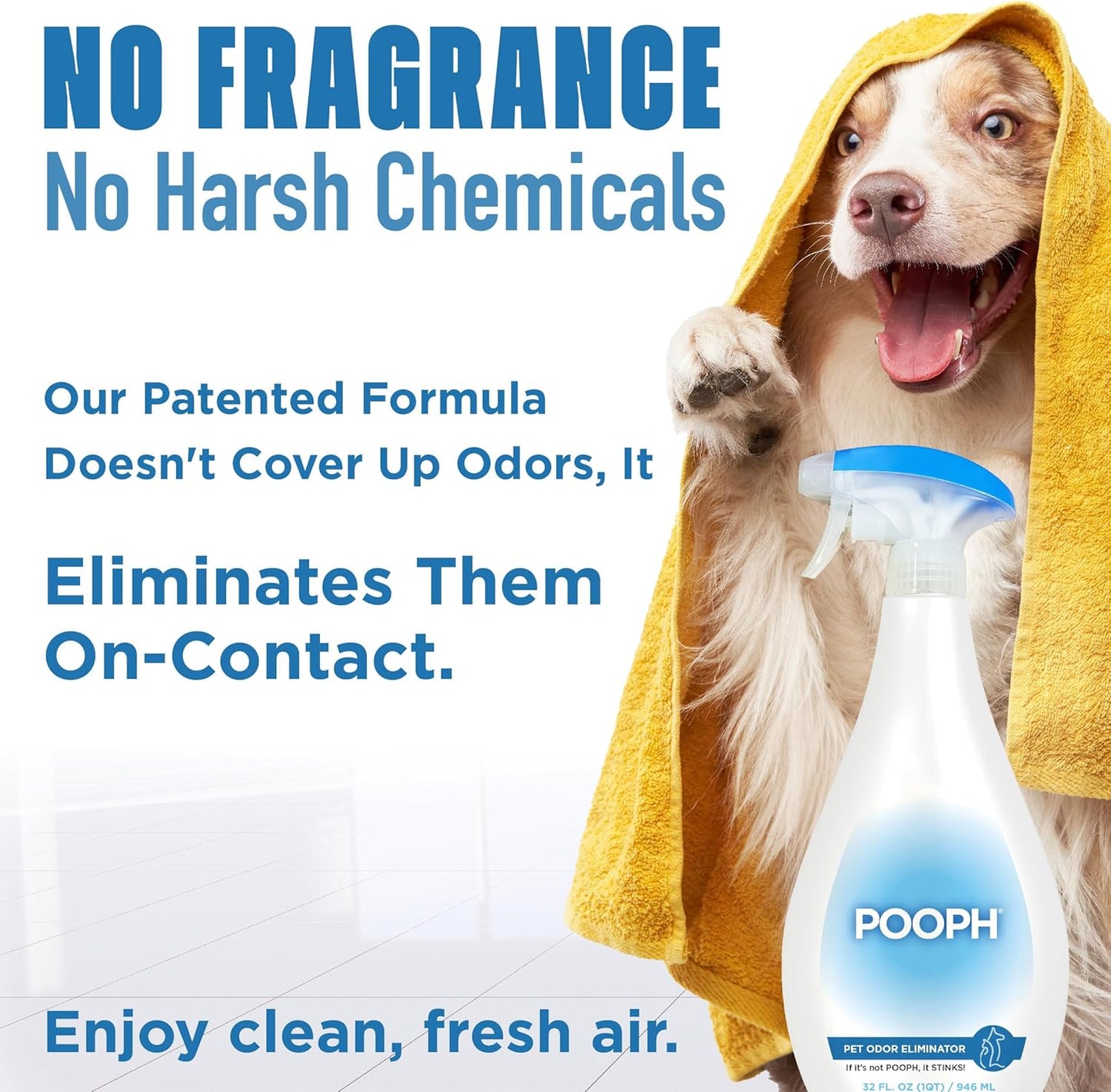 POOPH Pet Odor Eliminator Spray for Dogs & Cats — Urine, Poop & Pee Odor Remover for Carpet, Furniture, Hard Floors & Litter Box — Pet Stain & Smell Eliminator for Home, Unscented, 32 oz