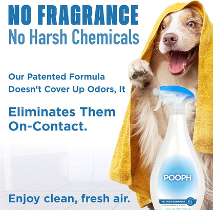POOPH Pet Odor Eliminator Spray for Dogs & Cats — Urine, Poop & Pee Odor Remover for Carpet, Furniture, Hard Floors & Litter Box — Pet Stain & Smell Eliminator for Home, Unscented, 32 oz