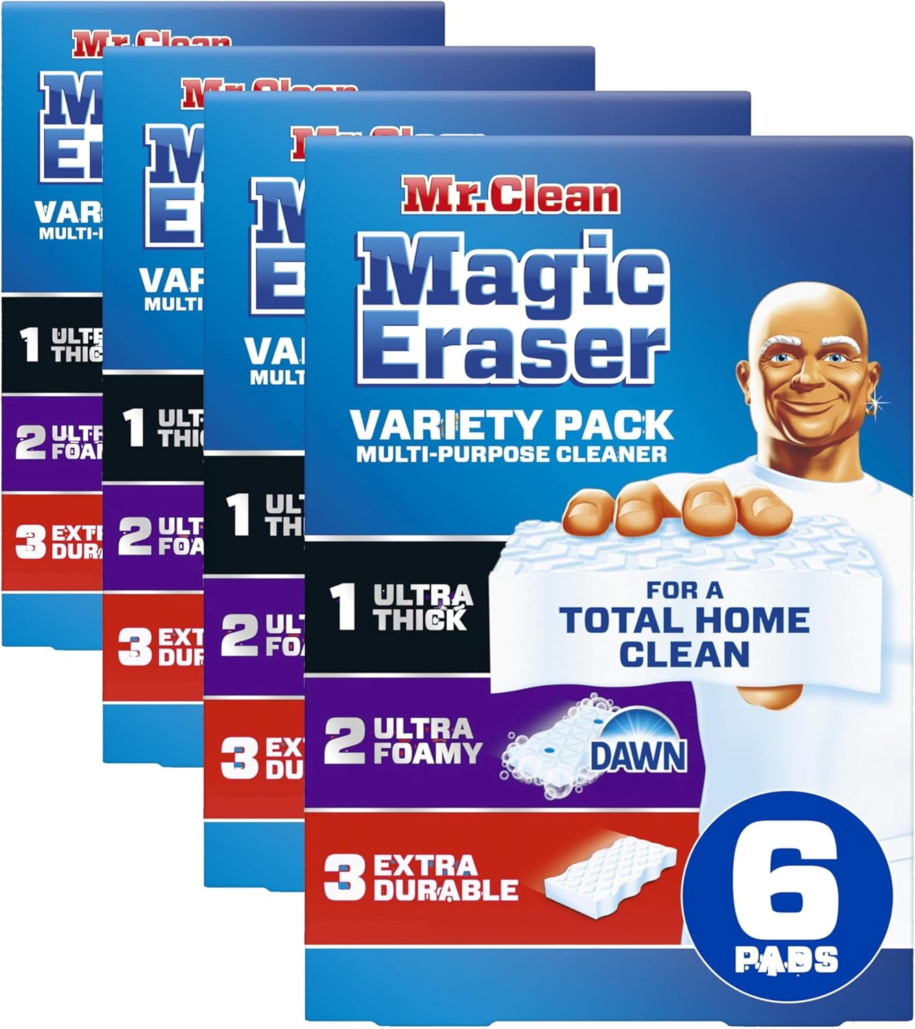 Mr. Clean Magic Eraser Sponge, All Purpose Cleaner, Cleaning Scrubber, Kitchen, Bathroom, Shower, Oven, Cleaning Supplies, Variety Pack with 1 Ultra Thick, 2 Ultra Foamy, & 3 Extra Durable, 6ct