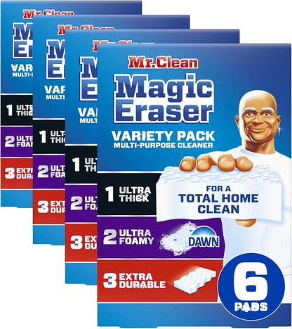 Mr. Clean Magic Eraser Sponge, All Purpose Cleaner, Cleaning Scrubber, Kitchen, Bathroom, Shower, Oven, Cleaning Supplies, Variety Pack with 1 Ultra Thick, 2 Ultra Foamy, & 3 Extra Durable, 6ct