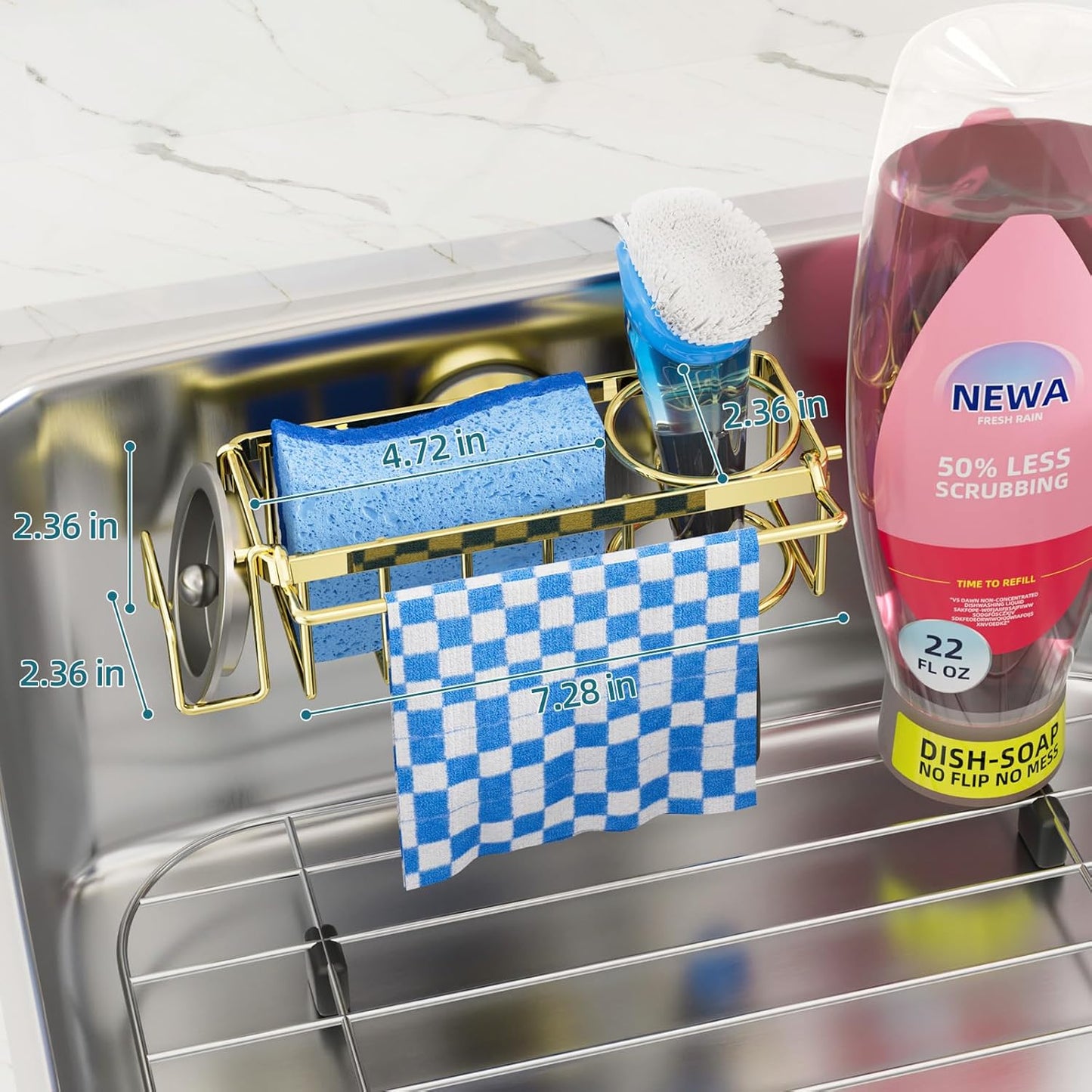 TAILI 4-in-1 Sink Caddy with Strong Suction Cup, Sponge Holder for Kitchen Sink Organizer, Removable, Rustproof, Stainless Steel Holder for Sponge, Brush, Scrubber, Scraper - Silver