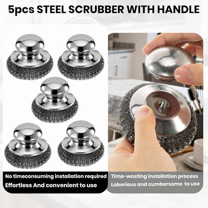 Steel Wool Scrubber with Handle, Stainless Steel, 5 Pack, for Cast Iron, Pots, Pans, Grill, Stoves, Sink (Sliver, M)