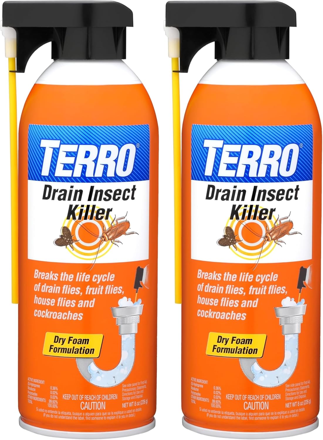 TERRO T590 Drain Insect Killer Foam 1-Pack - Indoor Infestation Treatment for Cockroaches, Drain Flies, House and Fruit Flies with Extension Tube Application