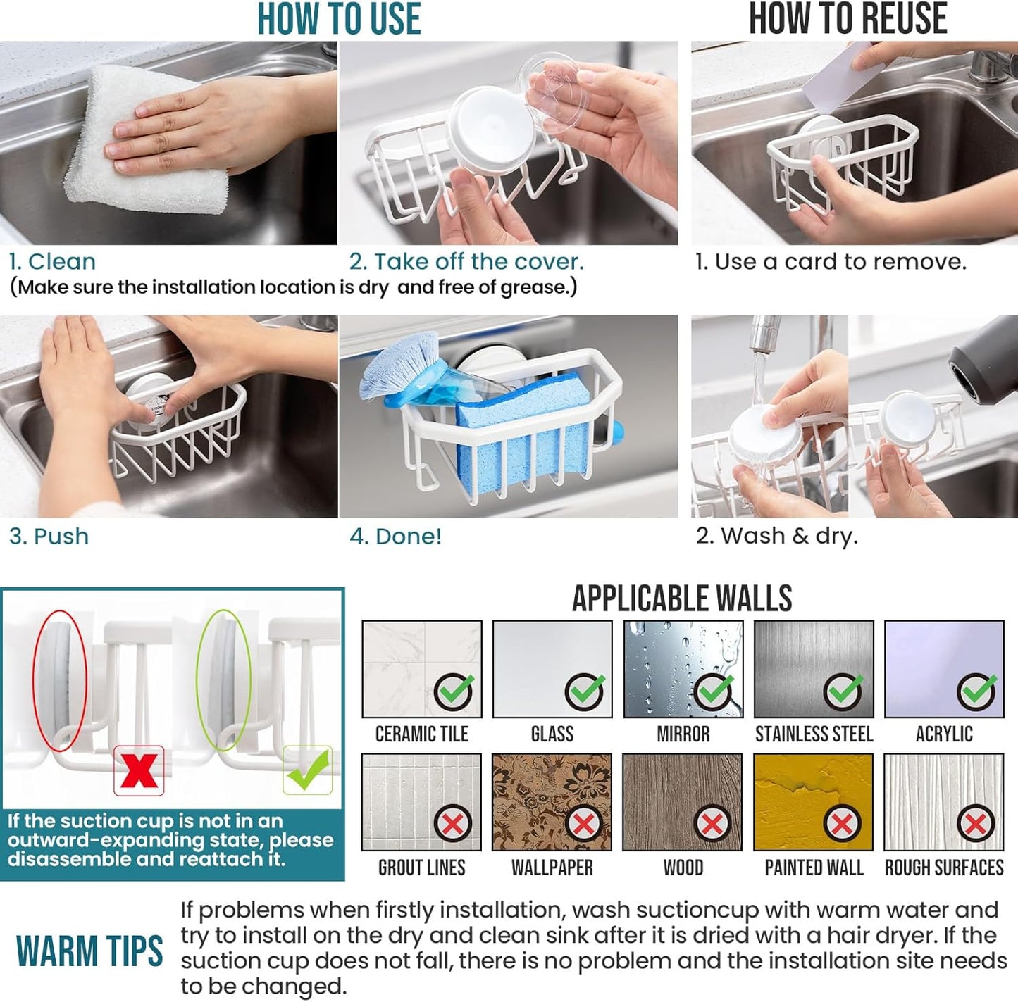 TAILI 4-in-1 Sink Caddy with Strong Suction Cup, Sponge Holder for Kitchen Sink Organizer, Removable, Rustproof, Stainless Steel Holder for Sponge, Brush, Scrubber, Scraper - Silver