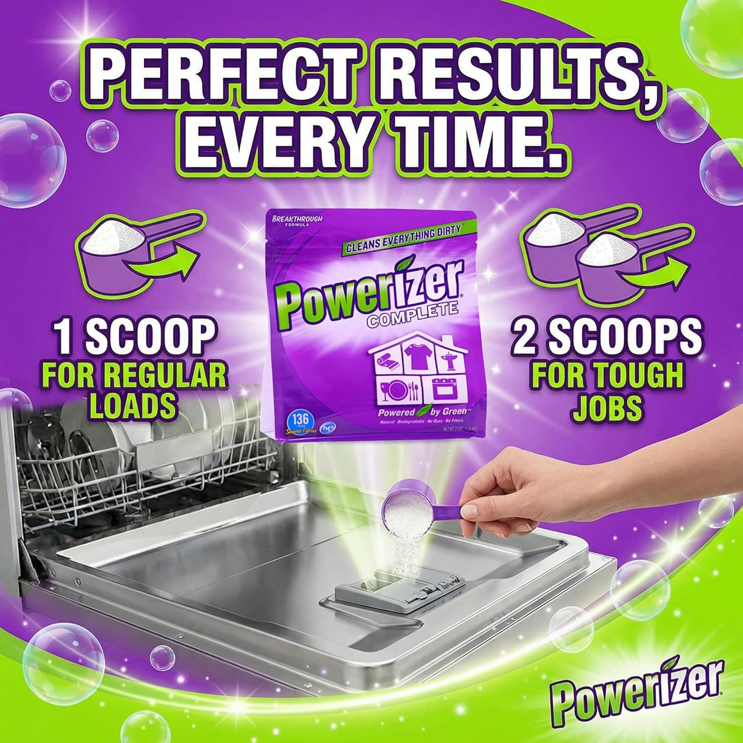 Powerizer Complete - Dishwasher Detergent Powder With Oxi Stain Remover & Rinse Aid, 3-in-1 Concentrated Formula, 136 Loads (3lb)