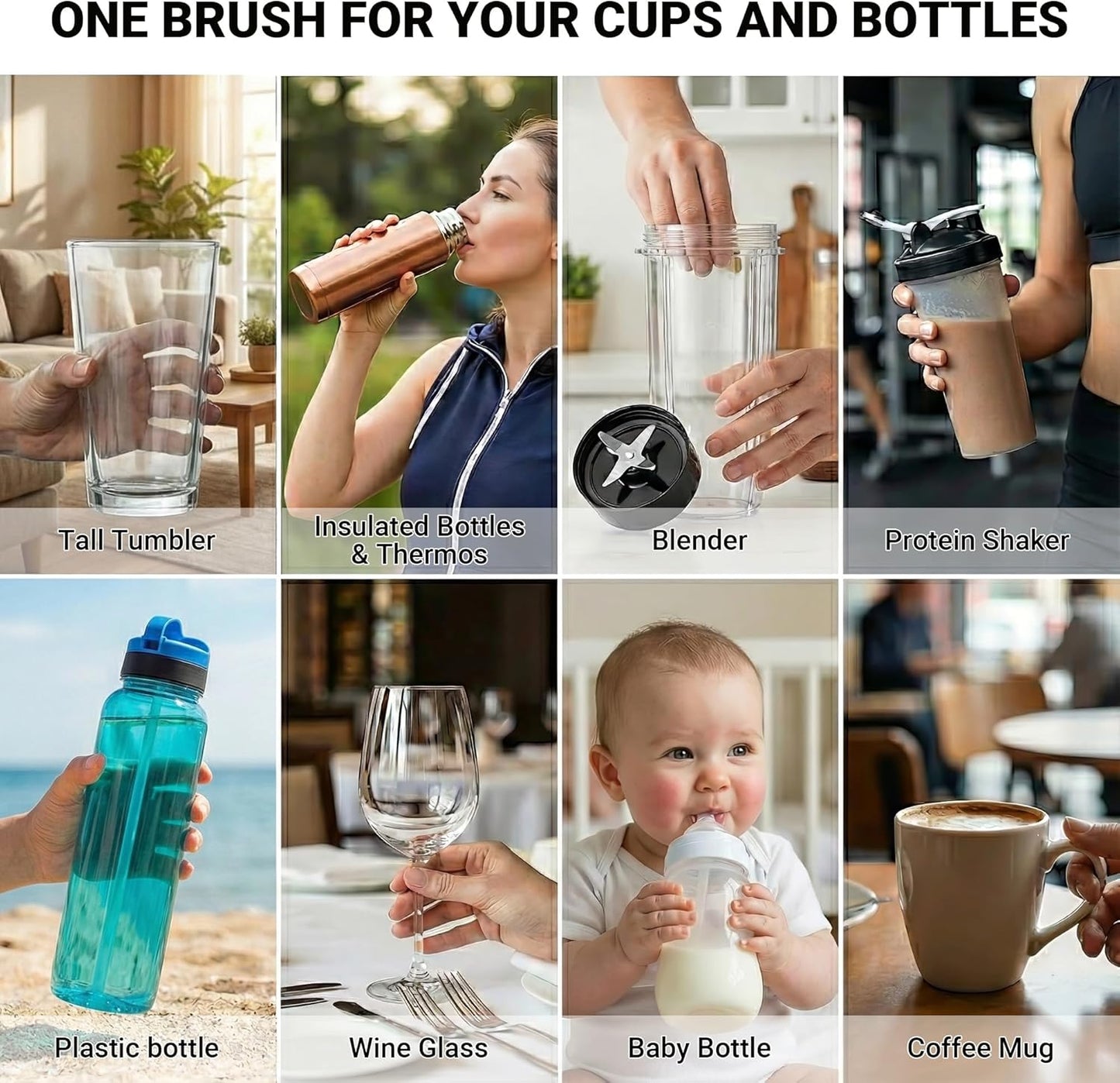3-in-1 Water Bottle Brushes for Cleaning, 16" Extendable Long Handle Cup Cleaner Scrubber with Hidden Straw Brush for 40oz 55oz Tumblers, Wine Glass, Sports Mugs & Narrow Necks