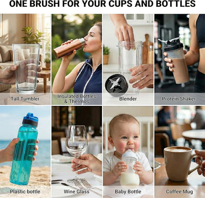3-in-1 Water Bottle Brushes for Cleaning, 16" Extendable Long Handle Cup Cleaner Scrubber with Hidden Straw Brush for 40oz 55oz Tumblers, Wine Glass, Sports Mugs & Narrow Necks
