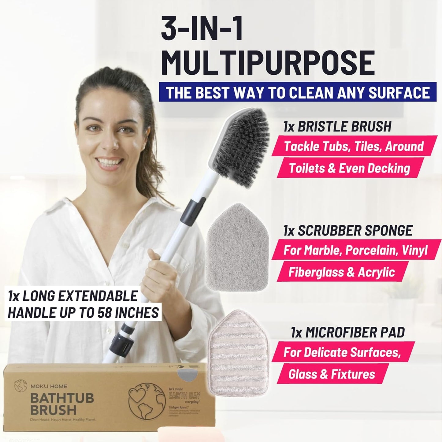 Moku Home Shower Scrubber 3 in 1 Extendable Long Handle 58" Cleaning Brush - Non Scratch Shower Brush for Cleaning Bathroom Kitchen Toilet Wall Tub Tile (Gray)
