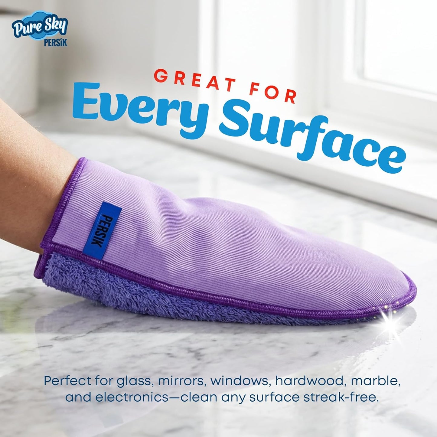 persik Pure-Sky Microfiber Glove Dusting Mitt - Ultra Microfiber Cleaning Cloth Glove - JUST ADD Water No Detergents Needed - Use for Cleaning Furniture, Home