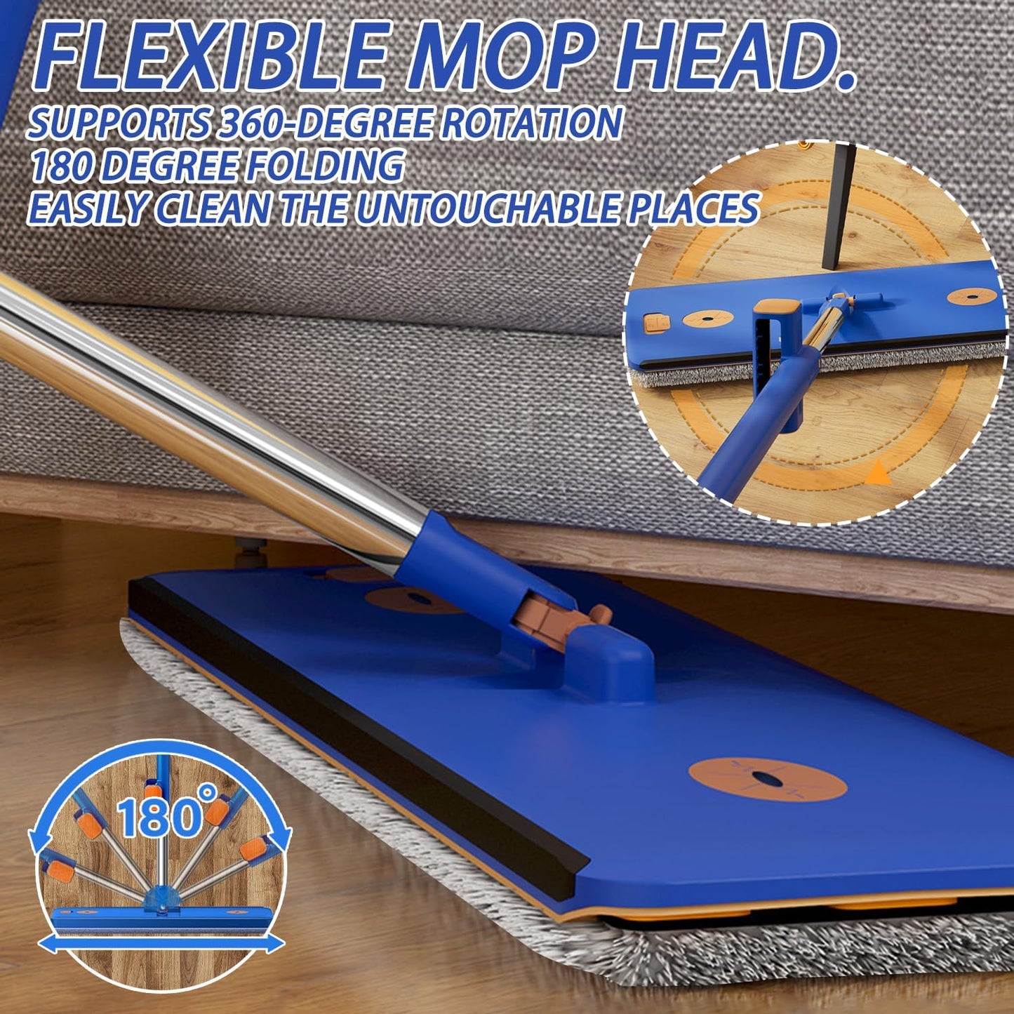 Self Wringing Microfiber Flat Mop and Bucket System with 16.5" Large Head and 55" Long Handle for Floor Wall Cleaning, 5 Microfiber Pads and Foldable Bucket, Wet and Dry
