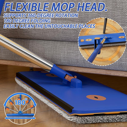 Self Wringing Microfiber Flat Mop and Bucket System with 16.5" Large Head and 55" Long Handle for Floor Wall Cleaning, 5 Microfiber Pads and Foldable Bucket, Wet and Dry