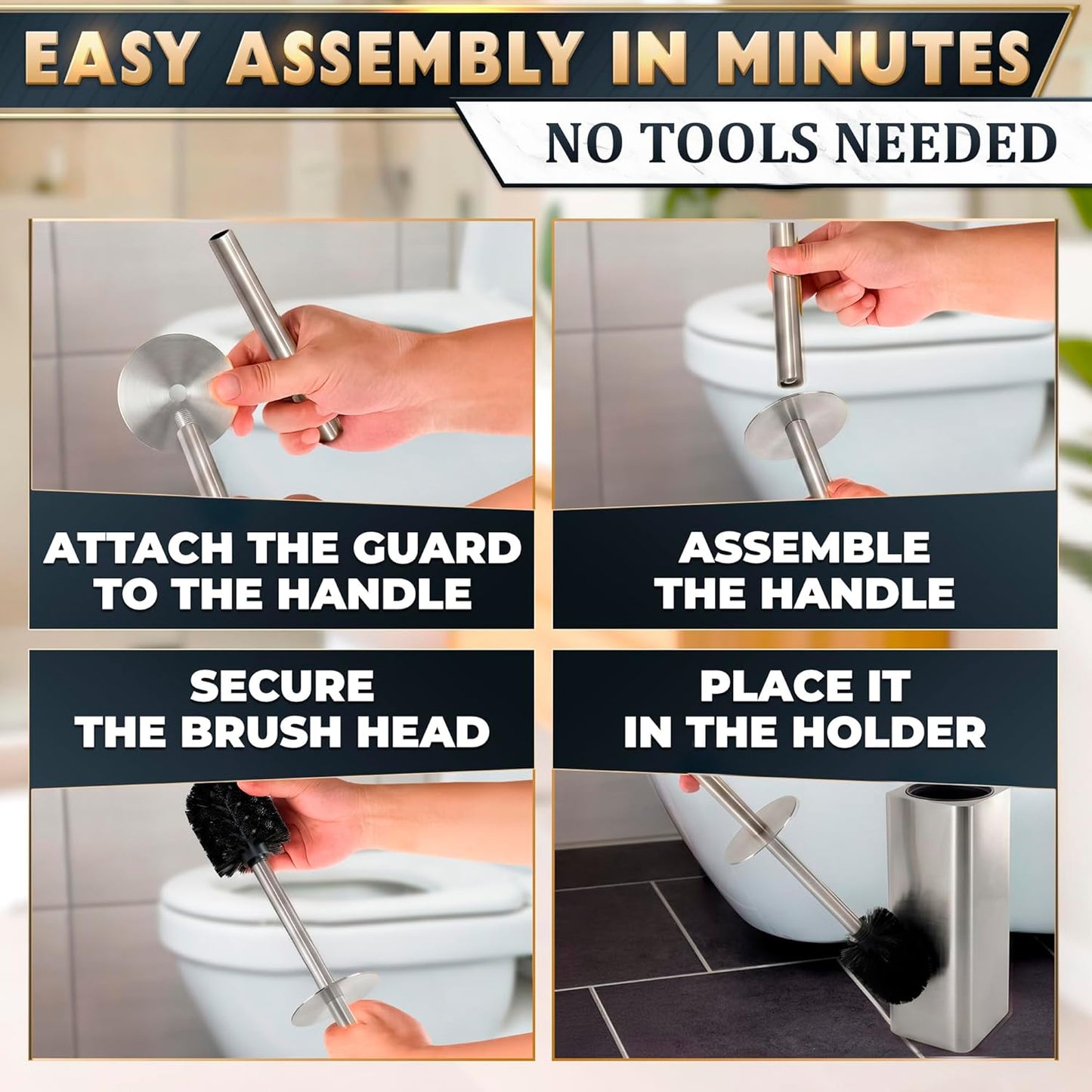 Stylish Stainless Steel Toilet Brush and Holder Set - Silver Toilet Bowl Brush and Holder with Splash Cover, Sturdy Bristles, Corrosion & Scratch Resistant - Elegant Design, Effective Deep Cleaning