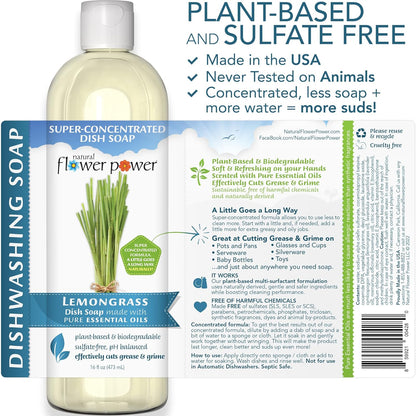 Natural Flower Power Liquid Dish Soap Refill – 66 Fl Oz Refills 4X – Plant-Based & Scented w/Pure Essential Oils – Natural Dishwashing Detergent – Sulfate-Free Kitchen Soap (Lavender)
