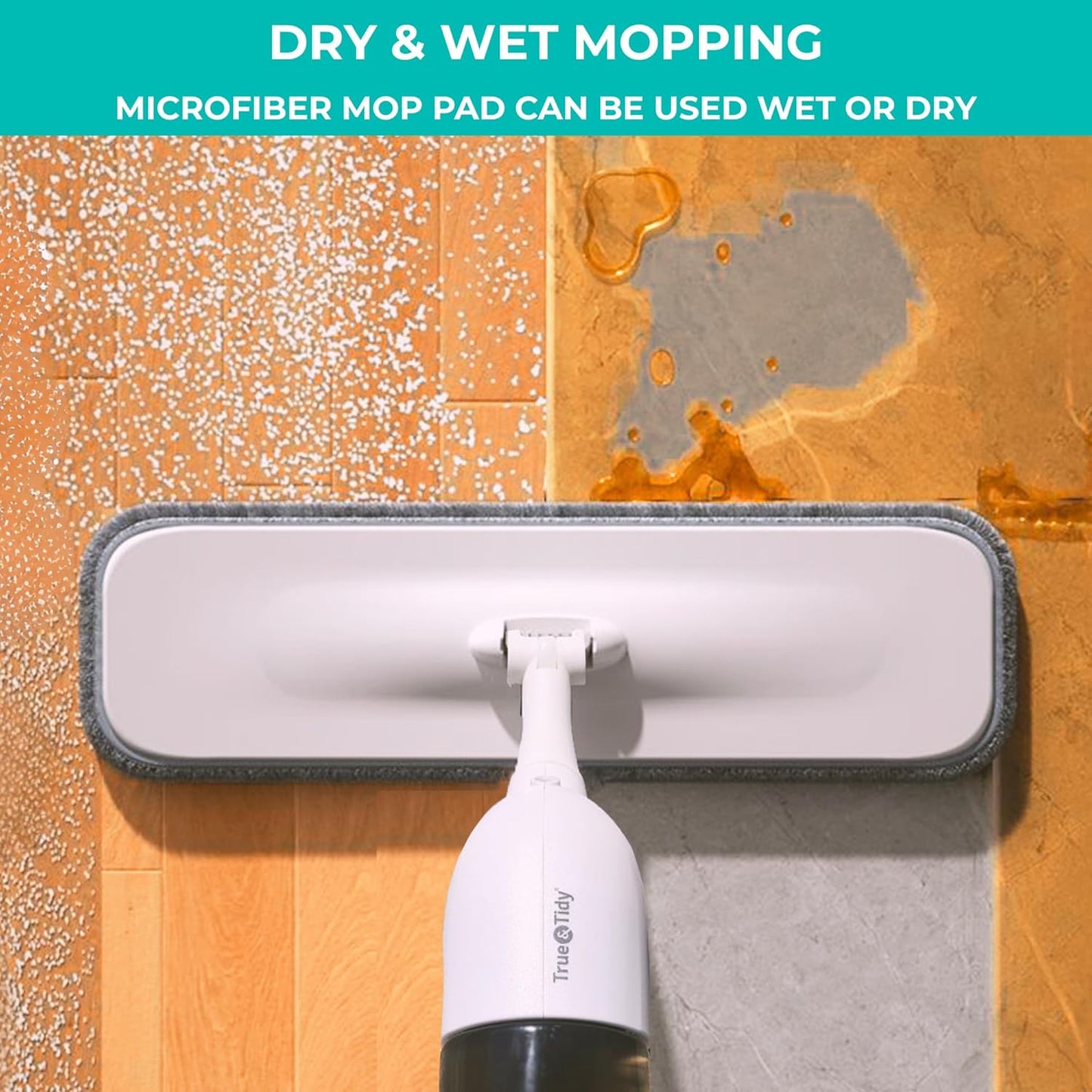 True & Tidy® SPRAY-250 Multi-Surface Spray Mop with 490ml Refillable Water Bottle for Floor Cleaning, Works on Wood, Tile, Marble etc, Use Any Cleaning Solution, Machine Washable Microfiber Mop Pads