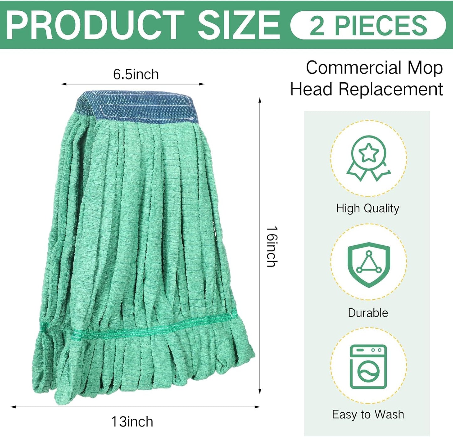 Lallisa 2 Pcs Commercial Mop Head Replacement 18 Oz Tube Microfiber Mop Heads for Floor Cleaning Industrial Mop Heads Looped End Wet Mop Head Refill for Home Commercial Industrial Use (Green)