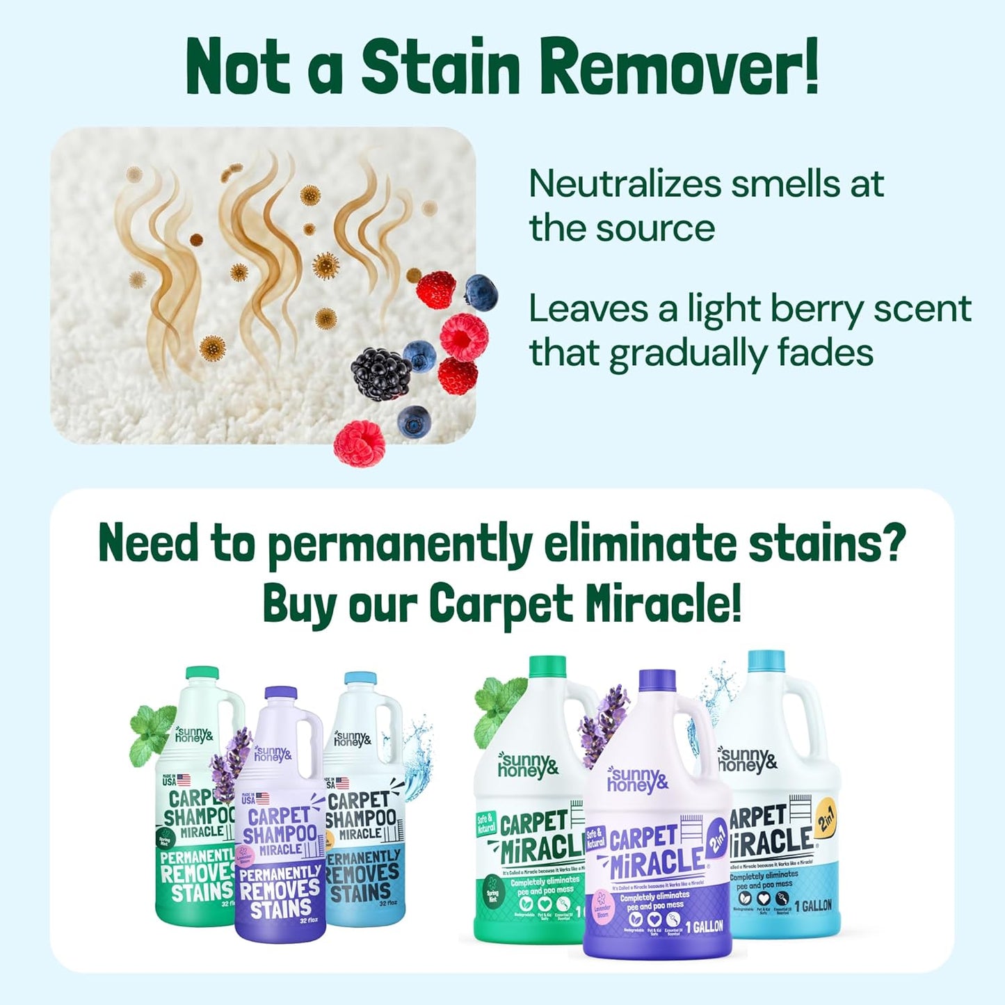 Sunny & Honey Carpet Deodorizer and Freshener Powder - Pet Safe Rug Refresher for Vacuuming - Berry Odor Eliminator for Strong Odor and Pet Urine (20 oz)