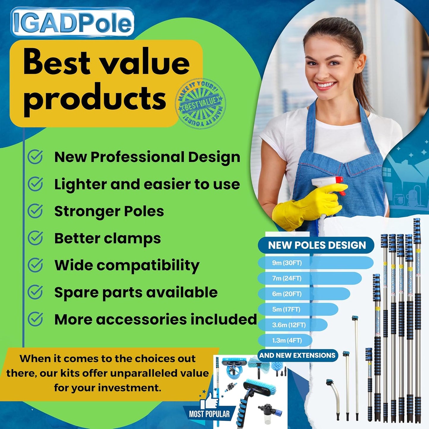 IGADPole 24 FT Water-Fed Washing Kit with Soap-Dispenser, Brush, 10″ Squeegee & Cobweb Duster for Windows, Gutters, Solar Panels & Exterior Walls