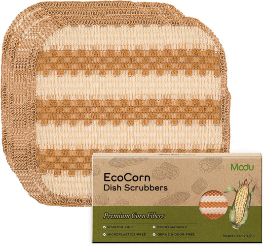 Modu 6 Pack EcoCorn Dish Sponges Scrubbers – 100% Corn Fiber, Biodegradable Kitchen Scrub Pads for Multipurpose Household Cleaning, Odor-Free, Plastic-Free Kitchen Mesh Net (Thin & Foamy 6 Count)