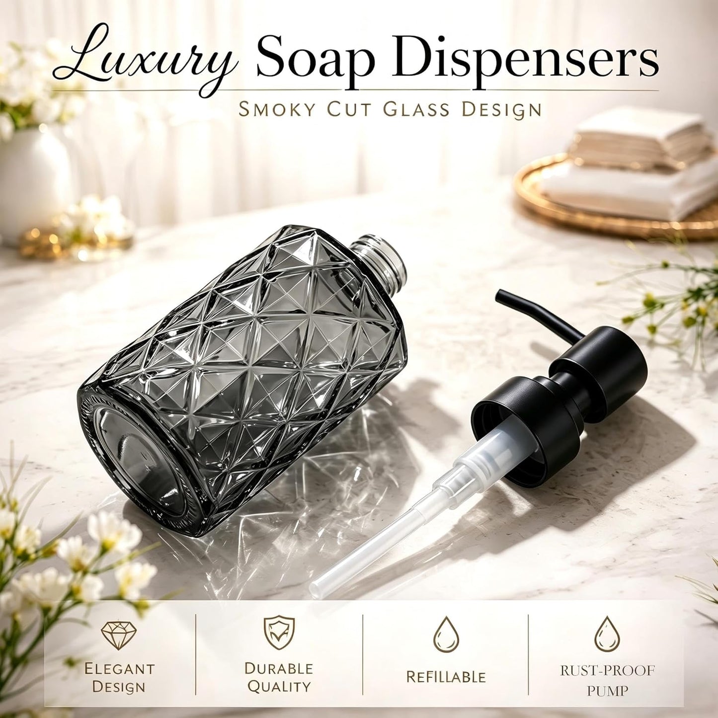 12 Oz Clear Black Glass Soap Dispenser with Plastic Pump - Refillable Liquid Hand Soap Dispenser for Kitchen Soap Dispenser for Bathroom, Hand Soap, Dish Soap