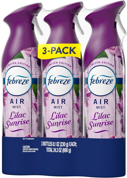 Febreze Air Mist, Air Freshener, Odor Fighting Room Spray, Deodorizer for Home Bathroom Kitchen Office Apartment, Lilac Sunrise, Warm Ocean Breeze, Summer Golden Hour Variety Pack, 8.1oz (Pack of 3)