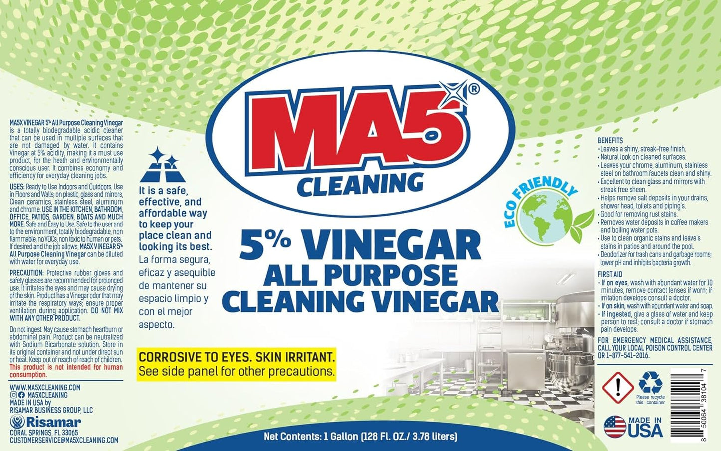 MA5x Vinegar 5% All-Purpose Cleaner | Industrial Strength, Eco-Friendly, Multi-Surface Cleaning Vinegar | Biodegradable, Non-Toxic, Made in USA | Gallon | Pack of 1