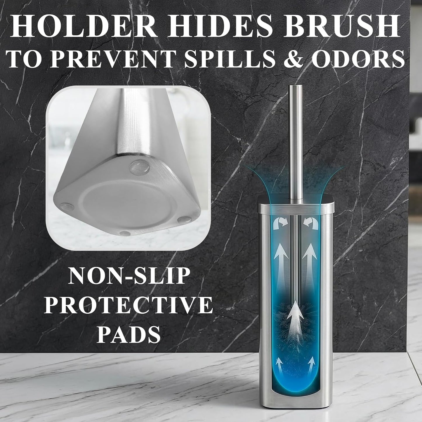 Stylish Stainless Steel Toilet Brush and Holder Set - Silver Toilet Bowl Brush and Holder with Splash Cover, Sturdy Bristles, Corrosion & Scratch Resistant - Elegant Design, Effective Deep Cleaning