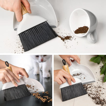 MR.SIGA Mini Dustpan and Brush Set, Portable Cleaning Brush and Dustpan Combo with Bamboo Handle, Black, 1 Set