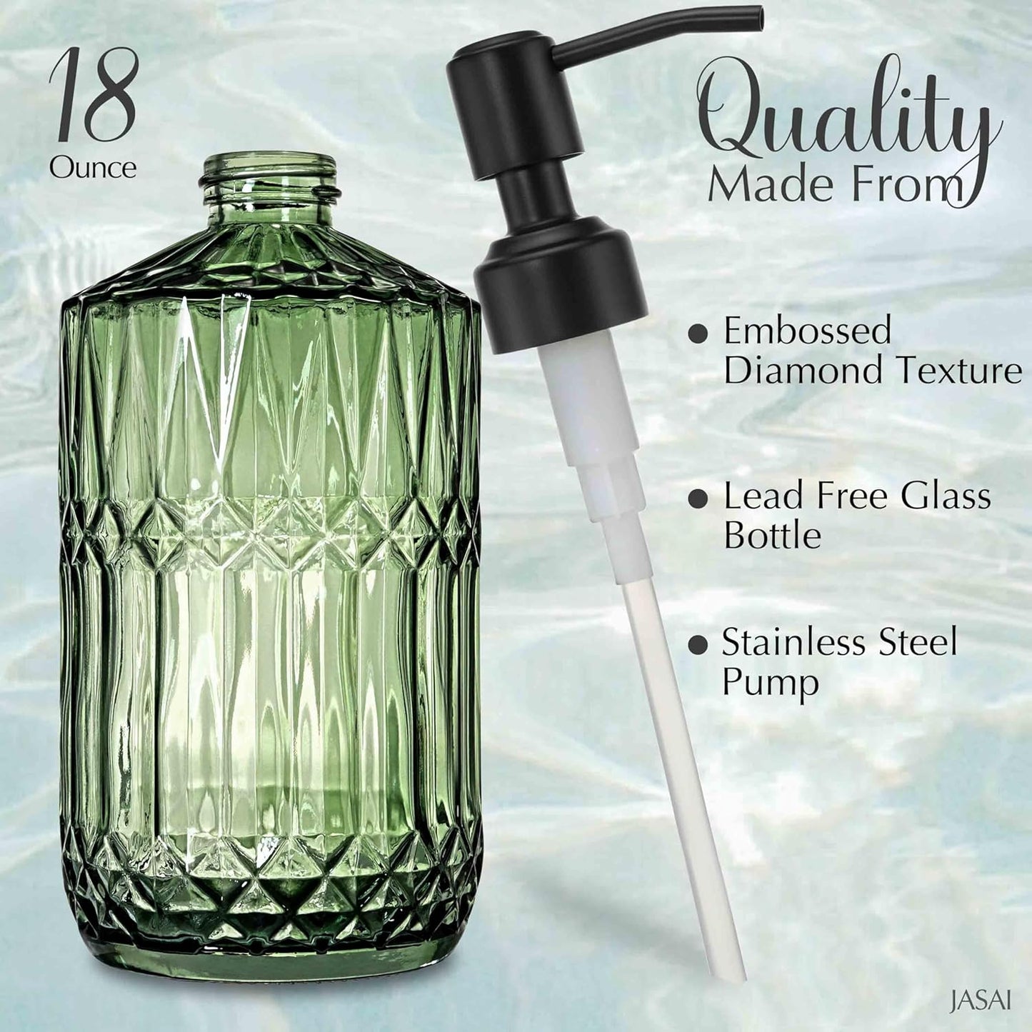 JASAI 2Pack 18Oz Green Glass Soap Dispenser with Gold Rust Proof Pump, Refillable Dish Soap Dispenser for Kitchen, Bathroom Soap Dispenser for Hand soap, Lotion, Body Wash, Dish Soap.