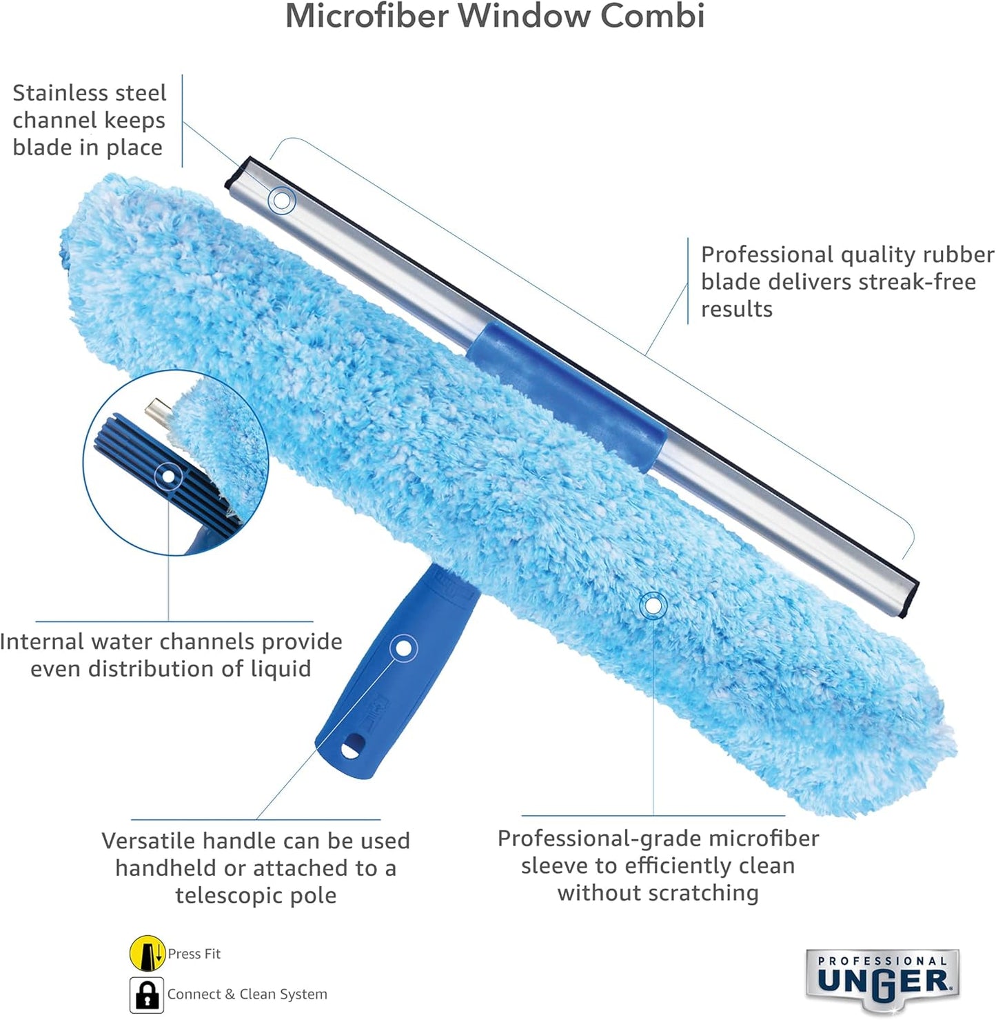 Unger Professional Connect and Clean 2-in-1 Squeegee and Scrubber, 14” Window Cleaning Tool, Essential Glass Cleaner for Commercial and Residential Use, Reusable Microfiber Sleeve, Streak-Free Results