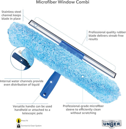 Unger Professional Connect and Clean 2-in-1 Squeegee and Scrubber, 14” Window Cleaning Tool, Essential Glass Cleaner for Commercial and Residential Use, Reusable Microfiber Sleeve, Streak-Free Results