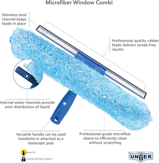 Unger Professional Connect and Clean 2-in-1 Squeegee and Scrubber, 14” Window Cleaning Tool, Essential Glass Cleaner for Commercial and Residential Use, Reusable Microfiber Sleeve, Streak-Free Results