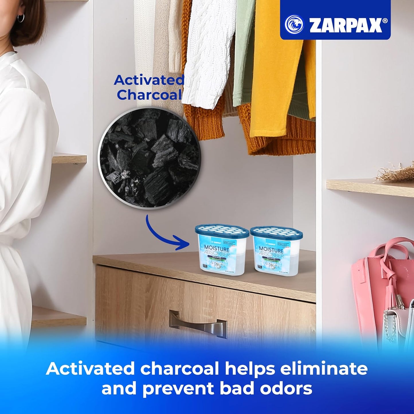 ZARPAX Moisture Absorber Activated Charcoal 10.5 oz/300g | Removes Moisture, Damp, Humidity & Odors | Odor Absorber | Moisture Trap for Bathroom, Closet, Kitchen & Small Spaces | Set of 6
