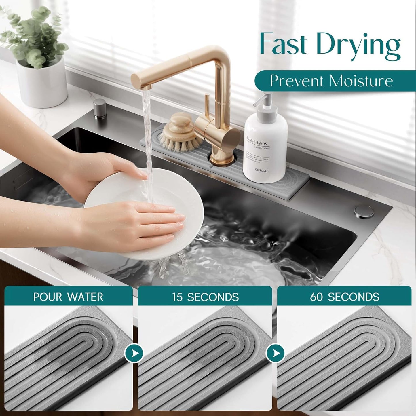 Eormoe Faucet Mat for Kitchen Sink – Diatomite Stone Drying Mat & Sink Protectors, Prevent Moisture – Sink Splash Guard Water-Absorbing Stone Tray for Bathroom Counter (Light Grey, 23.6" x 3.9")