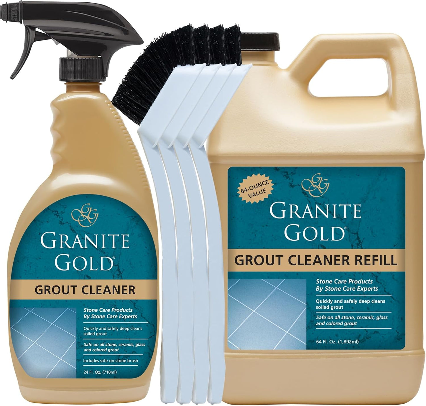 Granite Gold Grout Cleaner Spray with Brush for Stone, Ceramic, Glass & Colored Grout, 64 Fluid Ounces + 24 Fluid Ounces + 4 brushes