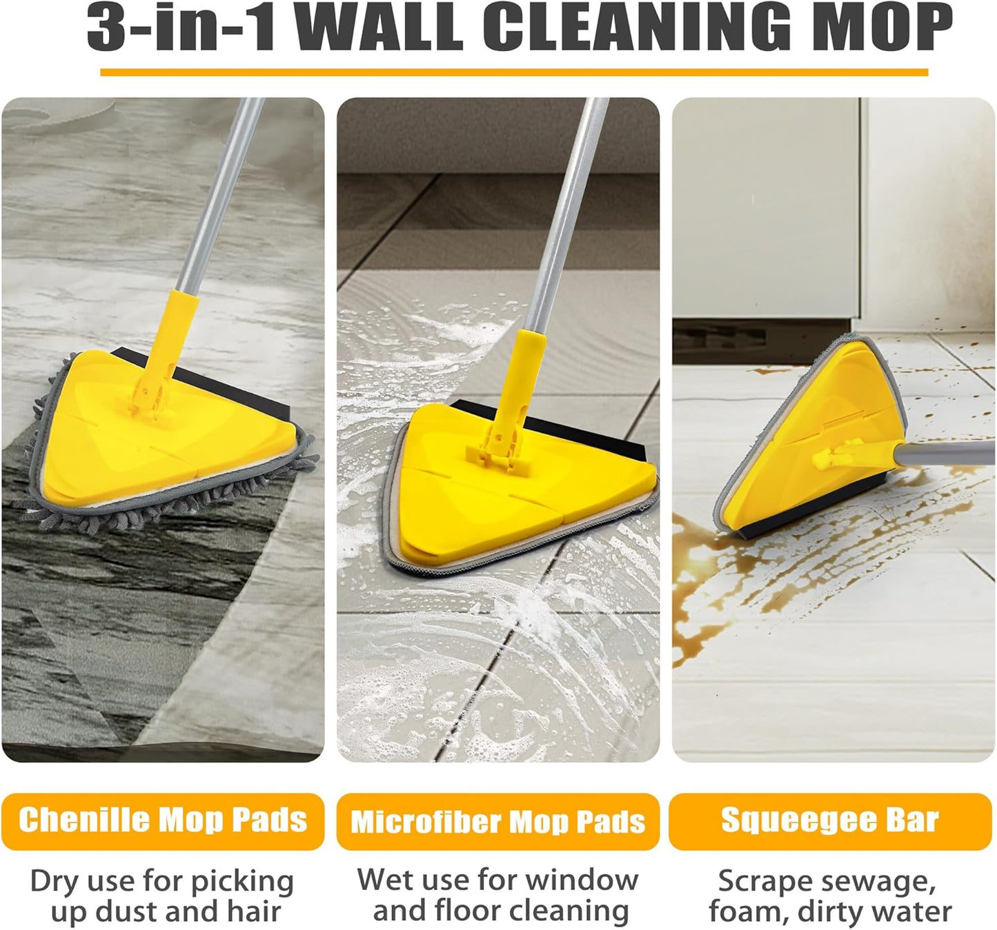 JEHONN Wall Mop with Long Handle 80 inches, Upgraded 180° Collapsible Baseboard Cleaner Tool with Squeegee, Ceiling Duster with 3 Microfiber and 3 Chenille Pads for Cleaning Window, Cabinet (Rose Red)