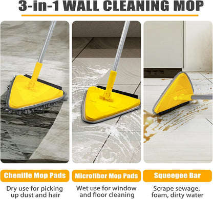 JEHONN Wall Mop with Long Handle 80 inches, Upgraded 180° Collapsible Baseboard Cleaner Tool with Squeegee, Ceiling Duster with 3 Microfiber and 3 Chenille Pads for Cleaning Window, Cabinet (Rose Red)